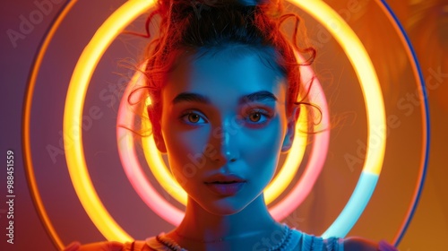 A young woman poses, bathed in the ethereal glow of a ring light, accentuating her striking features and gaze.