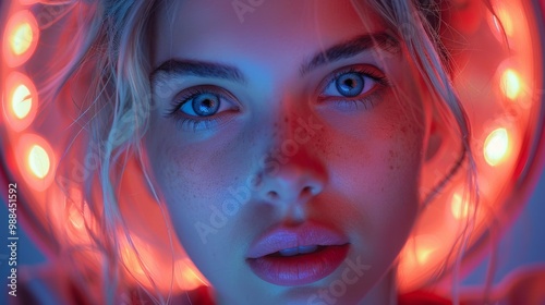 A young woman poses, bathed in the ethereal glow of a ring light, accentuating her striking features and gaze.