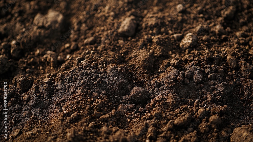 Close-up of soil texture showing dark, moist earth with small rocks and organic matter. Close-up of soil texture showing dark, moist earth with small rocks and organic matter.