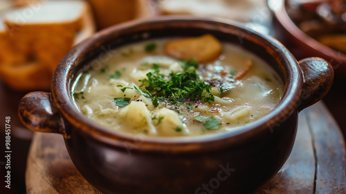 hot bowl with traditional Czech garlic soup 