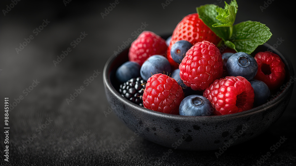 Illustration AI fresh mixed berries in a black bowl with mint garnish. Veganism, diet, healthy. Illustration AI fresh mixed berries in a black bowl with mint garnish. Veganism, diet, healthy.