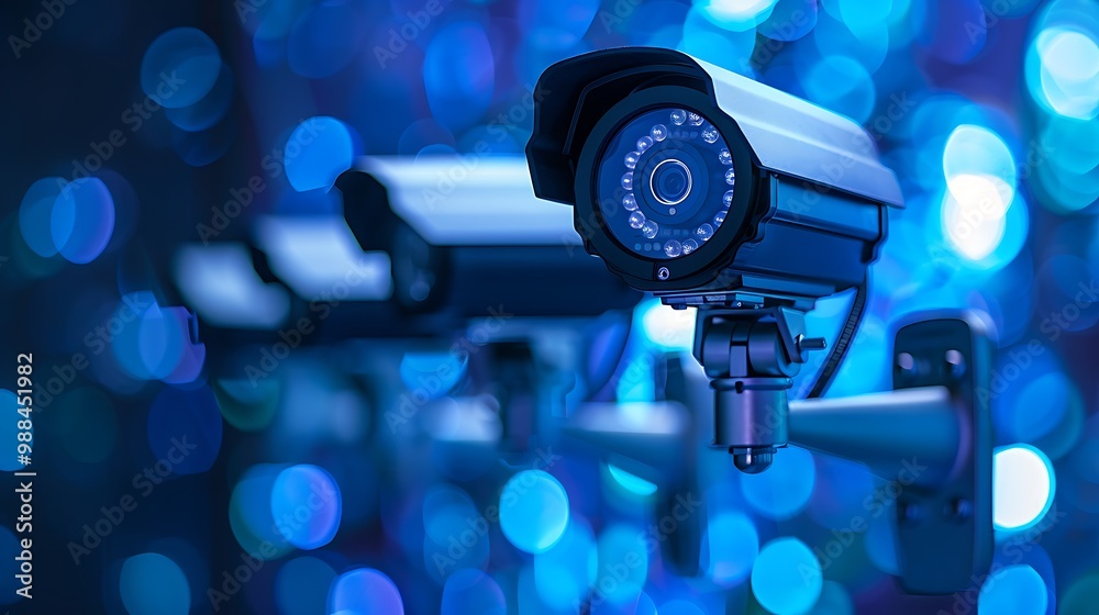 Security camera mounted on a wall, with blue lights in the background. Security camera mounted on a wall, with blue lights in the background.
