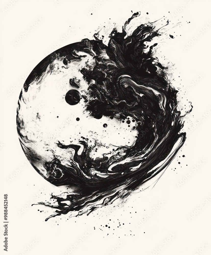 A black and white abstract image of a sphere with swirling patterns resembling a galaxy or cosmic explosion. A black and white abstract image of a sphere with swirling patterns resembling a galaxy or cosmic explosion.