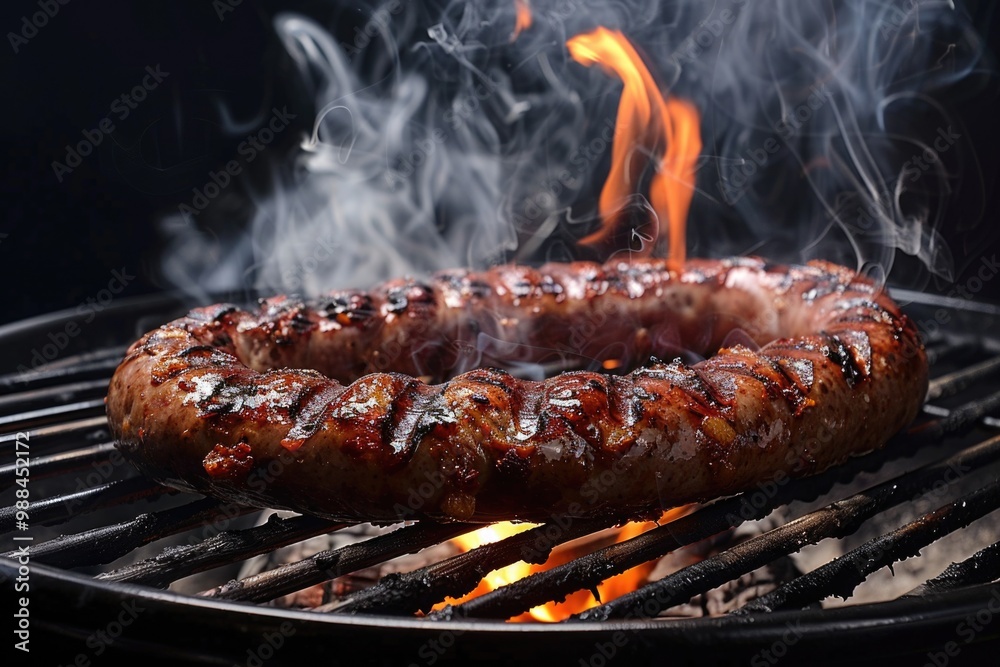 A hot dog sizzling on a grill with smoke rising from the heat A hot dog sizzling on a grill with smoke rising from the heat