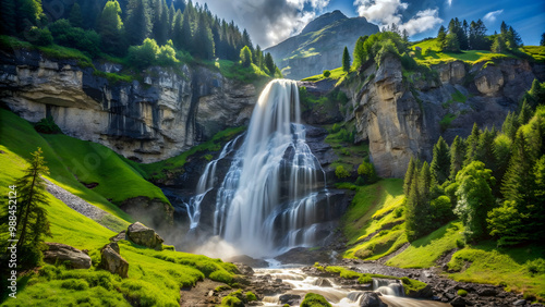 A stunning 600 meter long waterfall cascading down the mountains in Engstligen Falls, Adelboden photo