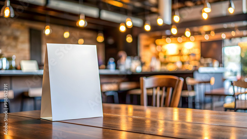 Mock up Table tent menu card on blurred cafe bar background, cafe, bar, table tent, mock up, menu, card, blurred, background