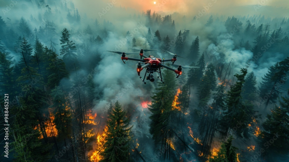 Naklejka premium Dart drone soaring over devastating forest fire at dusk