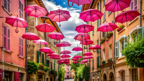 Fototapeta Naklejka Na Ścianę i Meble -  Pink umbrellas hanging over a picturesque street in Grasse, France, Grasse, France, pink, umbrellas, street, colorful, vibrant