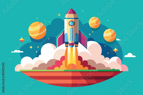 A vibrant rocket lifts off from a platform, surrounded by colorful planets and clouds, showcasing an engaging cosmic atmosphere during sunset.