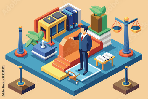 A lawyer stands confidently in a stylish office, surrounded by legal books, plants, and decorative elements that reflect a professional environment.