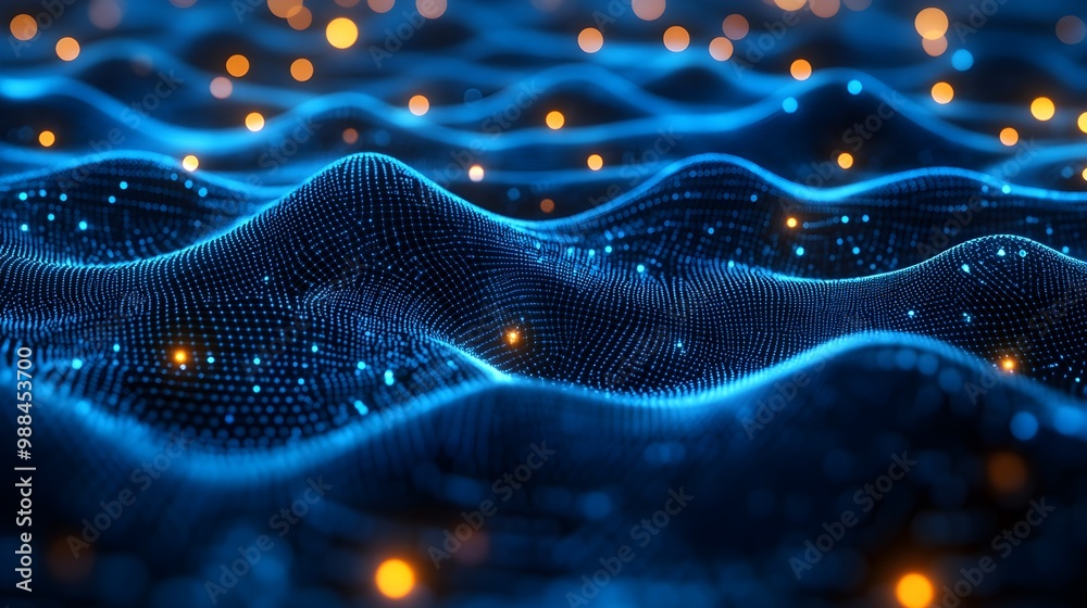 Abstract Blue Digital Network Background With Orange Lights Abstract Blue Digital Network Background With Orange Lights