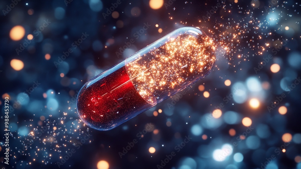 A bright capsule disintegrating in mid-air, releasing sparkling particles that shape into a human form, highlighting the magical potential of future medicine A bright capsule disintegrating in mid-air, releasing sparkling particles that shape into a human form, highlighting the magical potential of future medicine