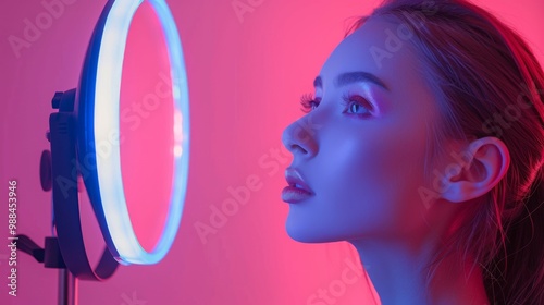 Captivating portrait of a young woman illuminated by a selfie ring light