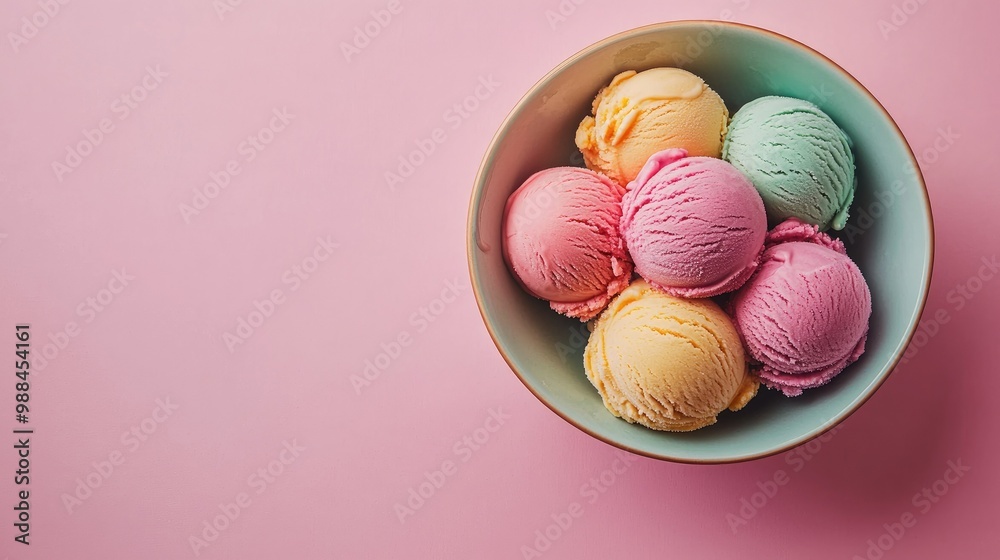 Top view of colorful scoops of ice cream in a bowl, with a clear background and room for copy space. Top view of colorful scoops of ice cream in a bowl, with a clear background and room for copy space.