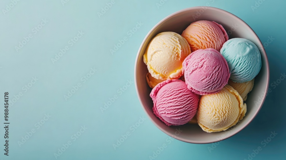 Top view of colorful scoops of ice cream in a bowl, with a clear background and room for copy space. Top view of colorful scoops of ice cream in a bowl, with a clear background and room for copy space.