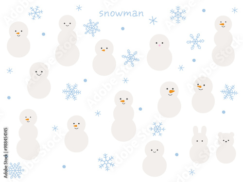 雪だるまと雪の結晶のベクターイラストセット。冬、アイコン、ゆきだるま