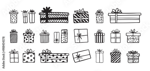 Hand drawn gift boxes doodle outline set. Present box