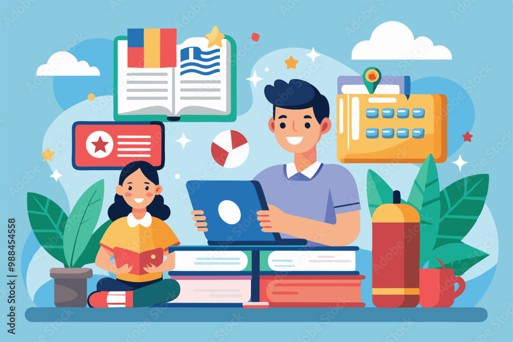 A boy and girl enthusiastically learn languages together using books, laptops, and colorful educational tools in a cozy environment. A boy and girl enthusiastically learn languages together using books, laptops, and colorful educational tools in a cozy environment.