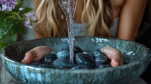 woman cleaning shungite stones in sieve with pouring water in sink