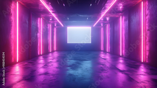 Neon Lights in a Concrete Corridor - 3D Illustration