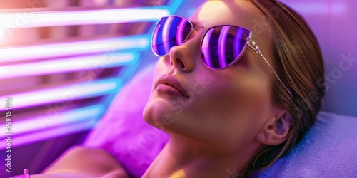 A young woman wearing protective eyewear reclines peacefully while sunbathing in a brightly-lit indoor solarium. photo