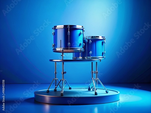 Against a majestic backdrop of gradating blues, a vibrant blue drum rests on a raised platform, a striking photo