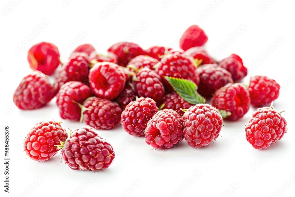 Fresh raspberries piled high on a clean white surface, great for food photography or still life compositions Fresh raspberries piled high on a clean white surface, great for food photography or still life compositions