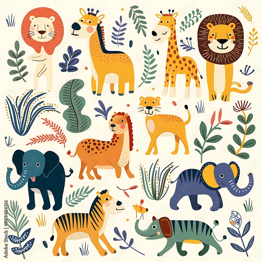Cute Cartoon Animal Illustration Set With Lion, Giraffe, Elephant, Tiger, And Plants Cute Cartoon Animal Illustration Set With Lion, Giraffe, Elephant, Tiger, And Plants