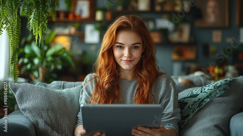 woman sitting on sof managing household functions of smart home system woman shopping online paying online or e learning on tablet