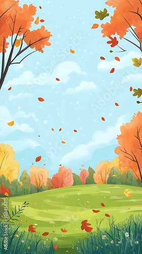 Autumn Landscape with Falling Leaves and Green Grass