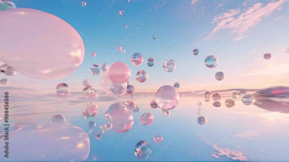 A serene landscape filled with transparent and pink bubbles reflecting the sky.