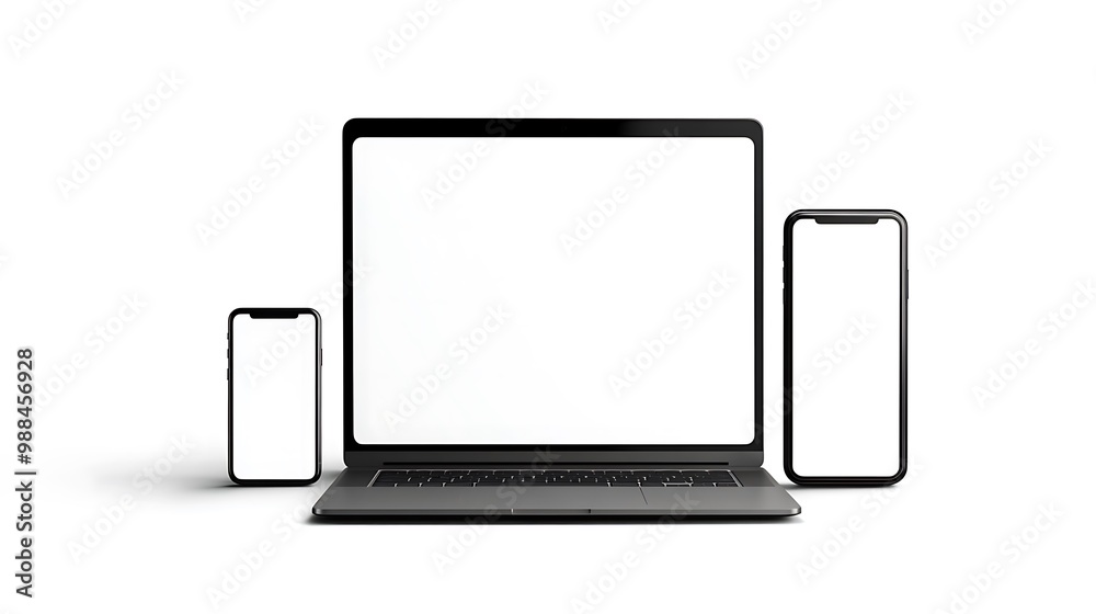 A modern laptop and smartphone mockup with blank screens, isolated on a white background. Perfect for showcasing app designs, website layouts, or digital product presentations. A modern laptop and smartphone mockup with blank screens, isolated on a white background. Perfect for showcasing app designs, website layouts, or digital product presentations.