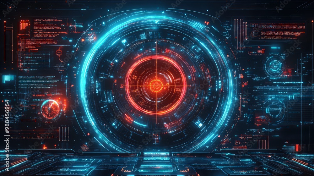 Obraz premium Futuristic HUD Dashboard with Neon Glowing Circular Display, Crosshair Aiming, and High-Tech GUI Elements