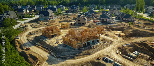 Aerial view of a residential construction site featuring multiple houses and surrounding greenery under development.