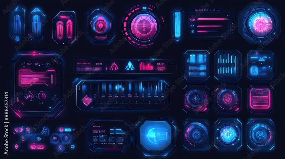 Modern Cartoon Set of Sci-Fi Style UI Elements with Glistening Blue and Pink Colors for Avatars Featuring Grades or Levels in Futuristic Design Modern Cartoon Set of Sci-Fi Style UI Elements with Glistening Blue and Pink Colors for Avatars Featuring Grades or Levels in Futuristic Design
