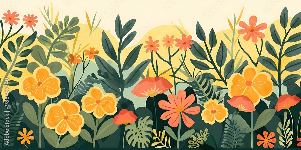 Colorful Flower Illustration with Green Leaves in a Garden Colorful Flower Illustration with Green Leaves in a Garden
