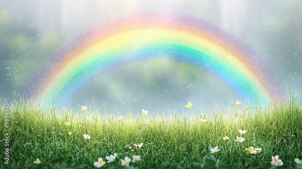 Naklejka premium Vibrant Rainbow Over Serene Grassland on Transparent Background - Ideal for Nature, Weather, and Abstract Designs