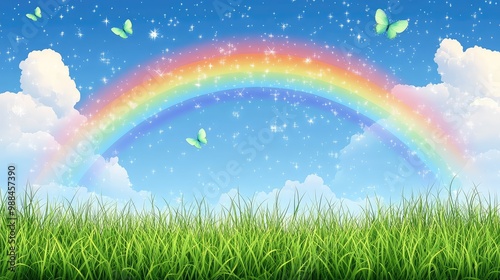 Vibrant Rainbow Over Serene Grassland on Transparent Background - Ideal for Nature, Weather, and Abstract Designs