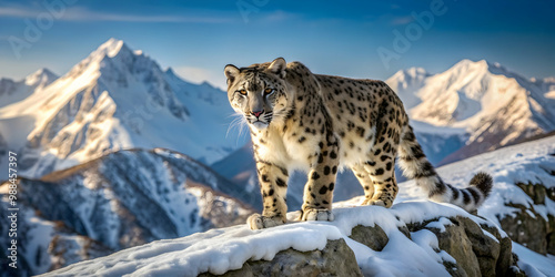 Snow leopard stalking its prey on rugged mountain slope with snowy peaks in background, Snow leopard, stalking, predator photo