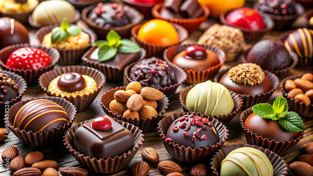 Assortment of delicious chocolate candies with fruit and nuts, closeup, chocolate, candies, fruit, nuts, snack, sweet Assortment of delicious chocolate candies with fruit and nuts, closeup, chocolate, candies, fruit, nuts, snack, sweet