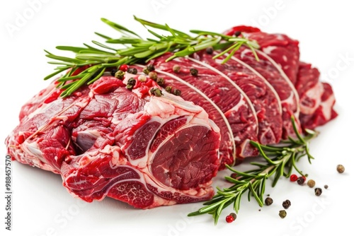 Freshly cut raw meat seasoned with rosemary sprigs and black pepper, ideal for cooking or serving as an appetizer