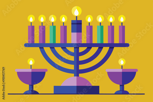 A vibrant menorah with colorful candles is lit, celebrating the sacred festival of Hanukkah with joyful illumination and tradition.