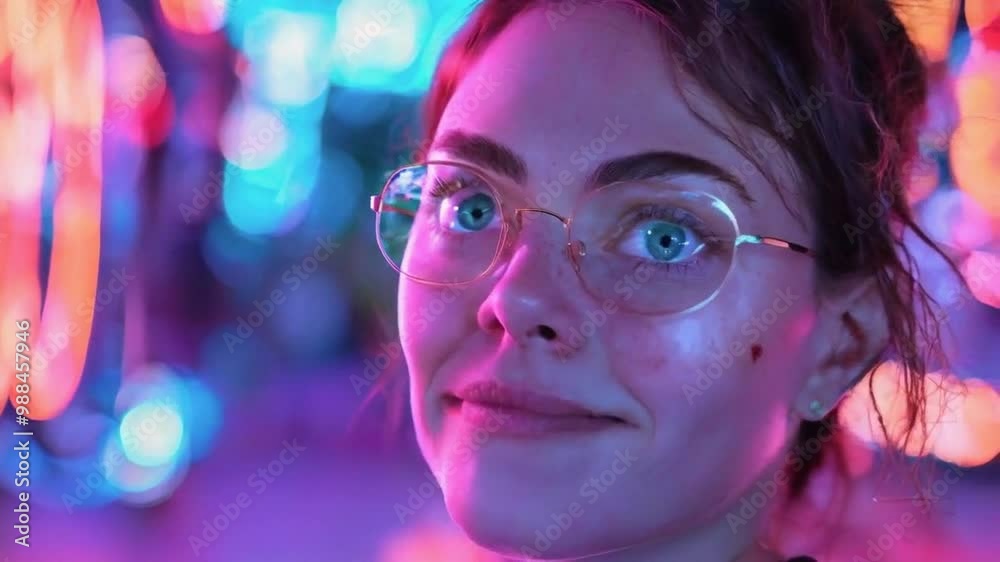 A close-up portrait of a person with glasses, illuminated by colorful lights. A close-up portrait of a person with glasses, illuminated by colorful lights.