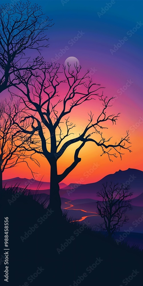Silhouette of Trees and Hills with Colorful Sunset Sky Silhouette of Trees and Hills with Colorful Sunset Sky