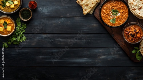 Indian food on a black wooden background. Top view with copy space.