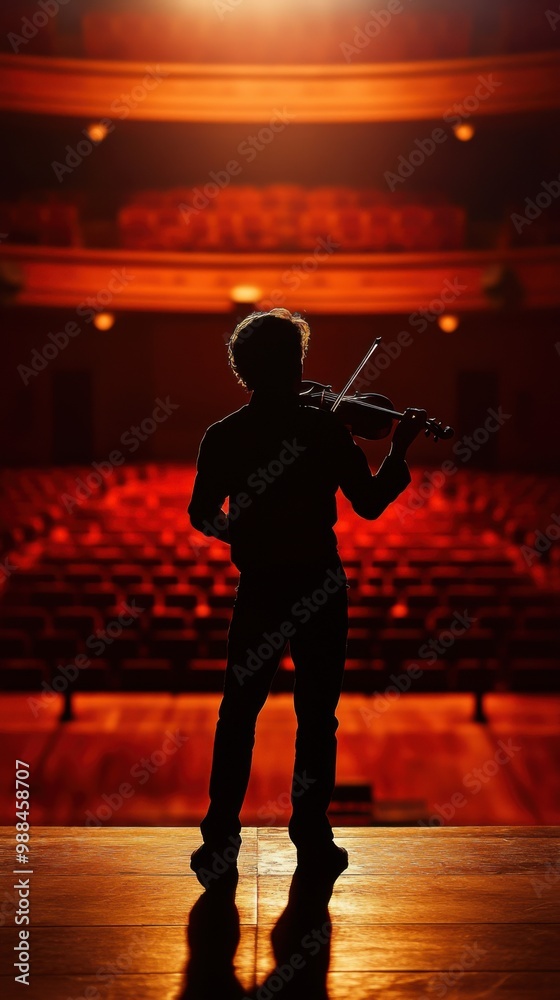 Fototapeta premium Graceful Violinist: Elegant Silhouette in Empty Concert Hall
