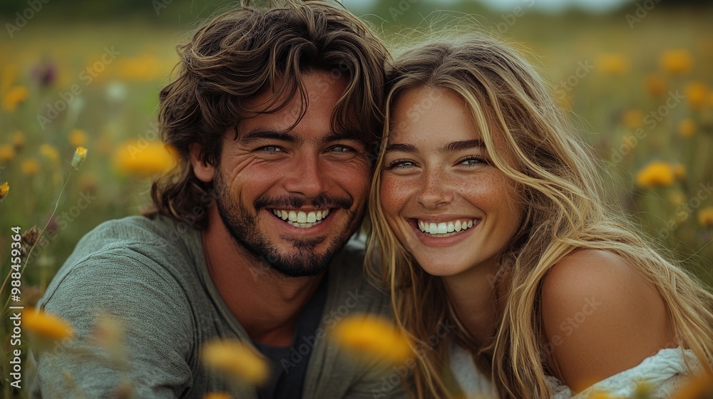 young couple on walk in nature in countryside lying in grass laughing young couple on walk in nature in countryside lying in grass laughing