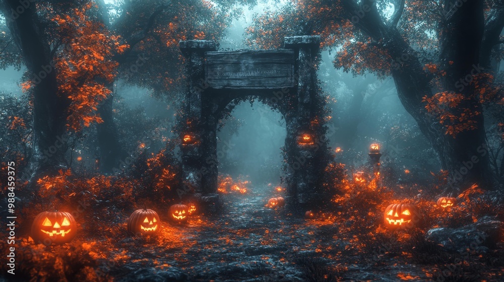 Mysterious Pumpkin-Lit Forest Pathway Generative AI Mysterious Pumpkin-Lit Forest Pathway Generative AI