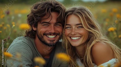 young couple on walk in nature in countryside lying in grass laughing