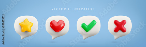 Vector cartoon minimal 3d speech bubble social media icon set. Realistic render of chat message with check mark, heart, star, cross. Like button sign, online comment, chatting concept collection